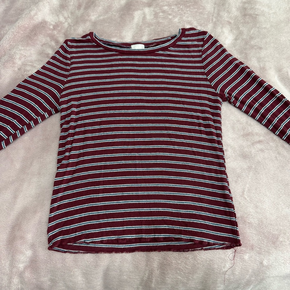 Garage Maroon and Navy Striped Long Sleeve Top